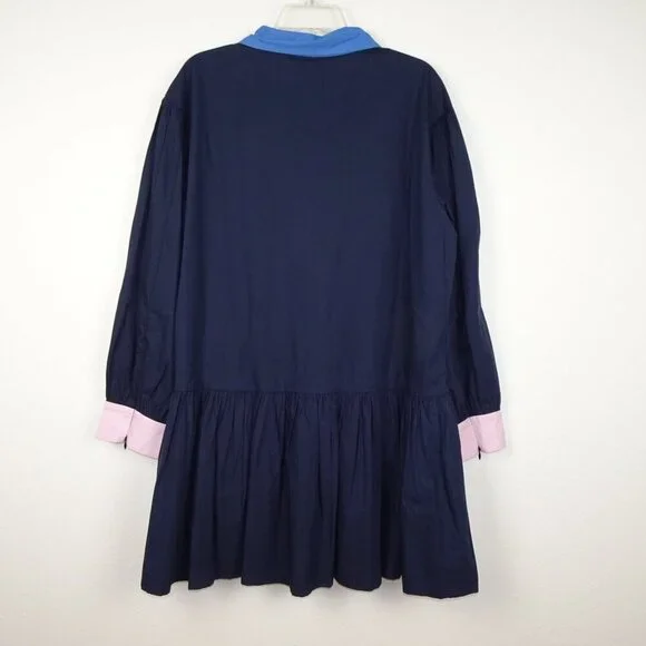 Addison Bay Poplin Dress Women's Size L Blue Button Front Drop Waist Peplum
